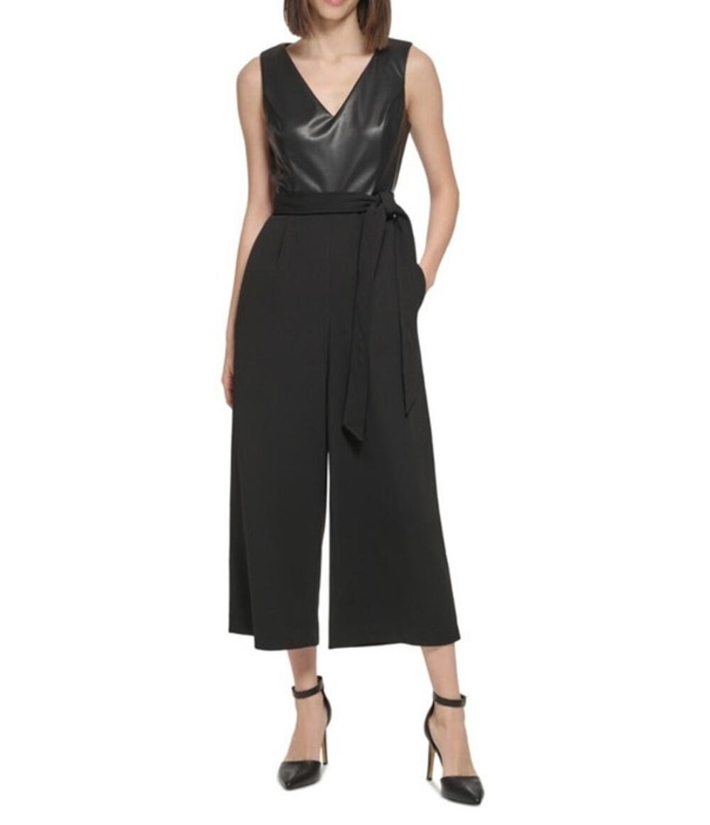 Calvin Klein Womens New Size 4 Sleeveless Faux Leather Belted Black Jumpsuit NWT